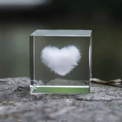 3D Etched Heart-Shaped Cloud Paperweight in Glass Cube