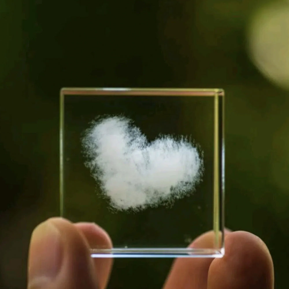 3D Etched Heart-Shaped Cloud Paperweight in Glass Cube