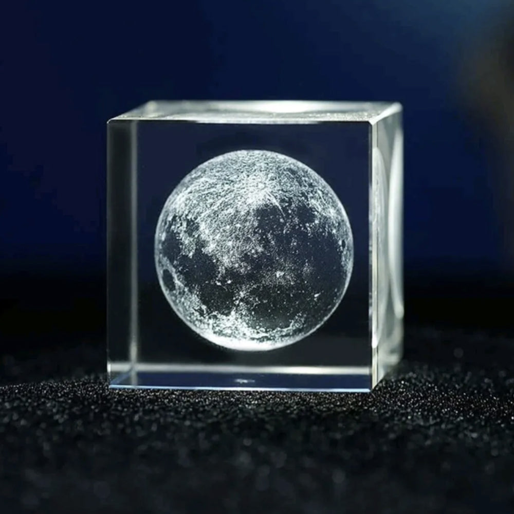 3D Etched Moon Paperweight in Glass Cube