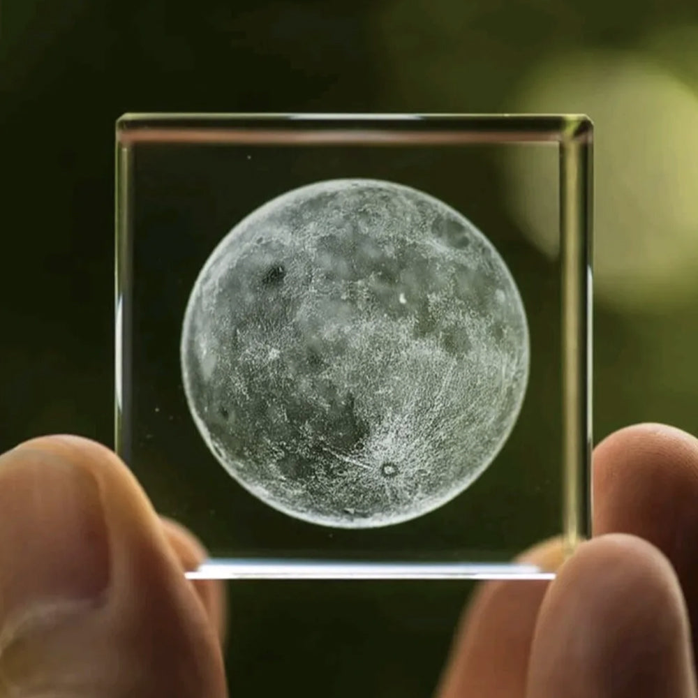 3D Etched Moon Paperweight in Glass Cube