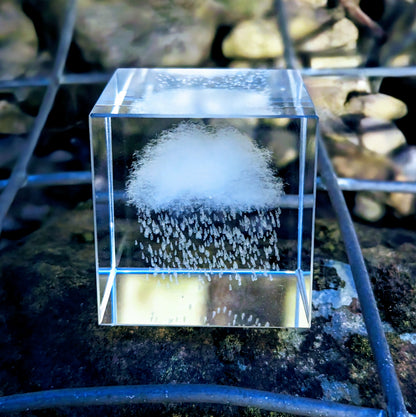 3D Etched Rainy Cloud Paperweight in Glass Cube