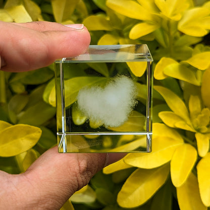 3D Etched Heart-Shaped Cloud Paperweight in Glass Cube