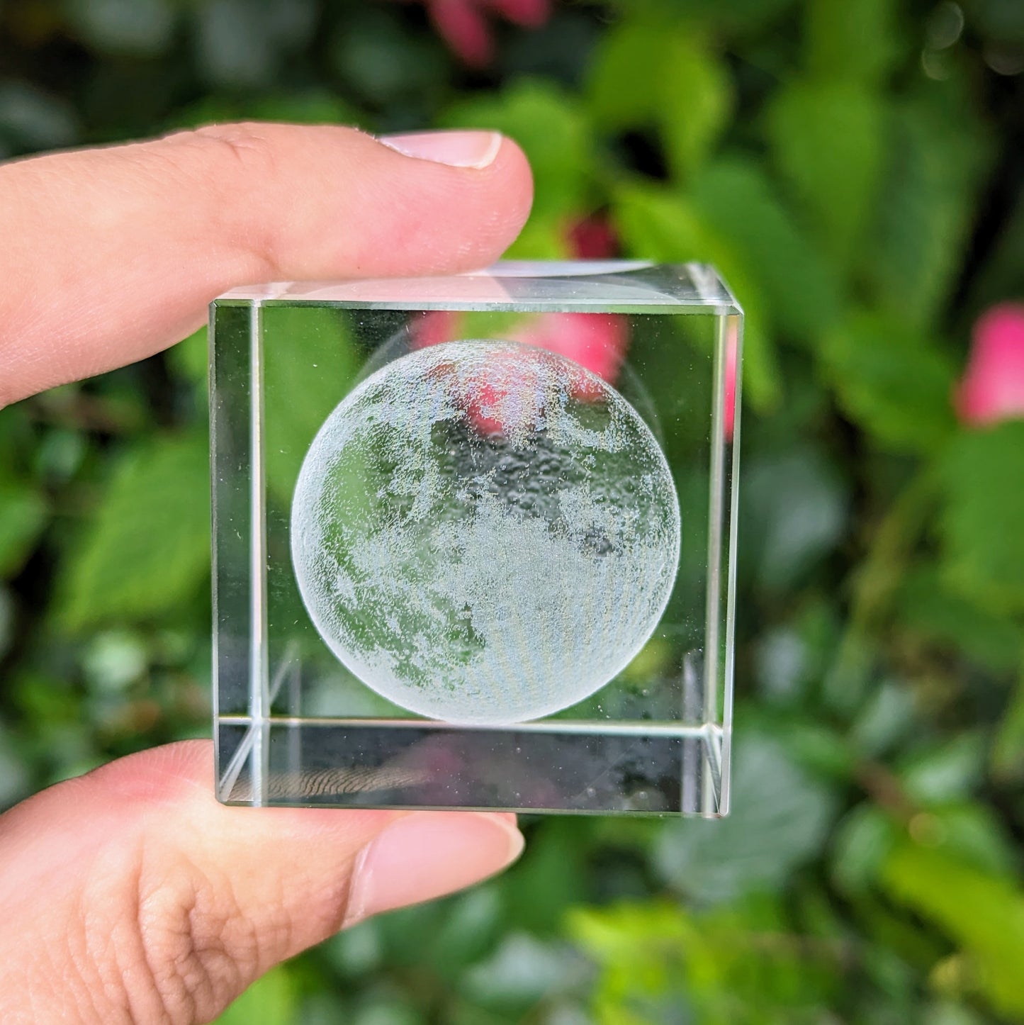 3D Etched Moon Paperweight in Glass Cube