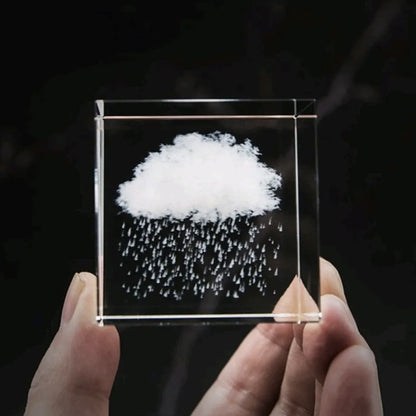 3D Etched Rainy Cloud Paperweight in Glass Cube