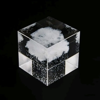 3D Etched Rainy Cloud Paperweight in Glass Cube