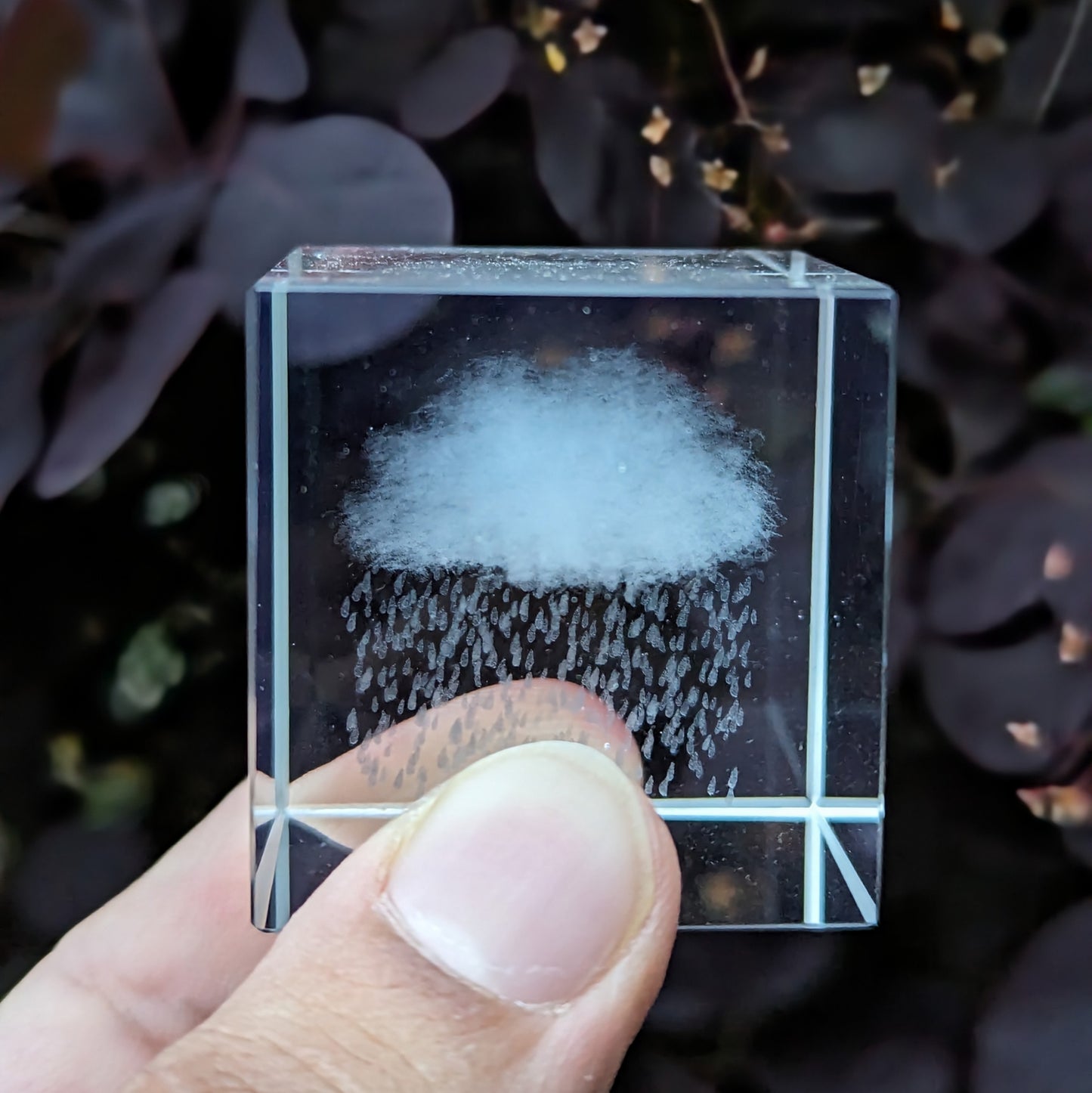 3D Etched Rainy Cloud Paperweight in Glass Cube