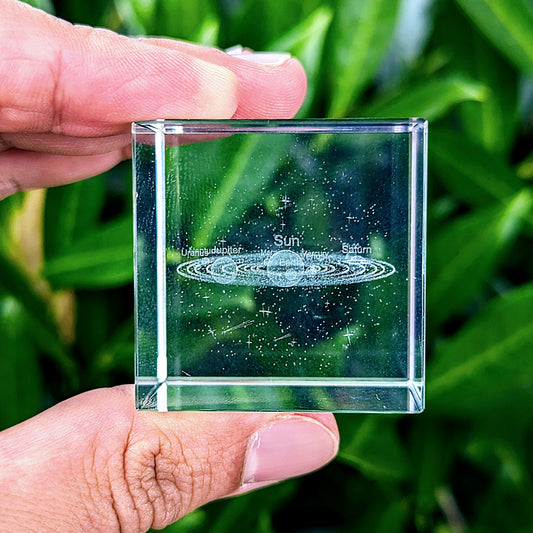 3D Etched Solar System Paperweight in Glass Cube